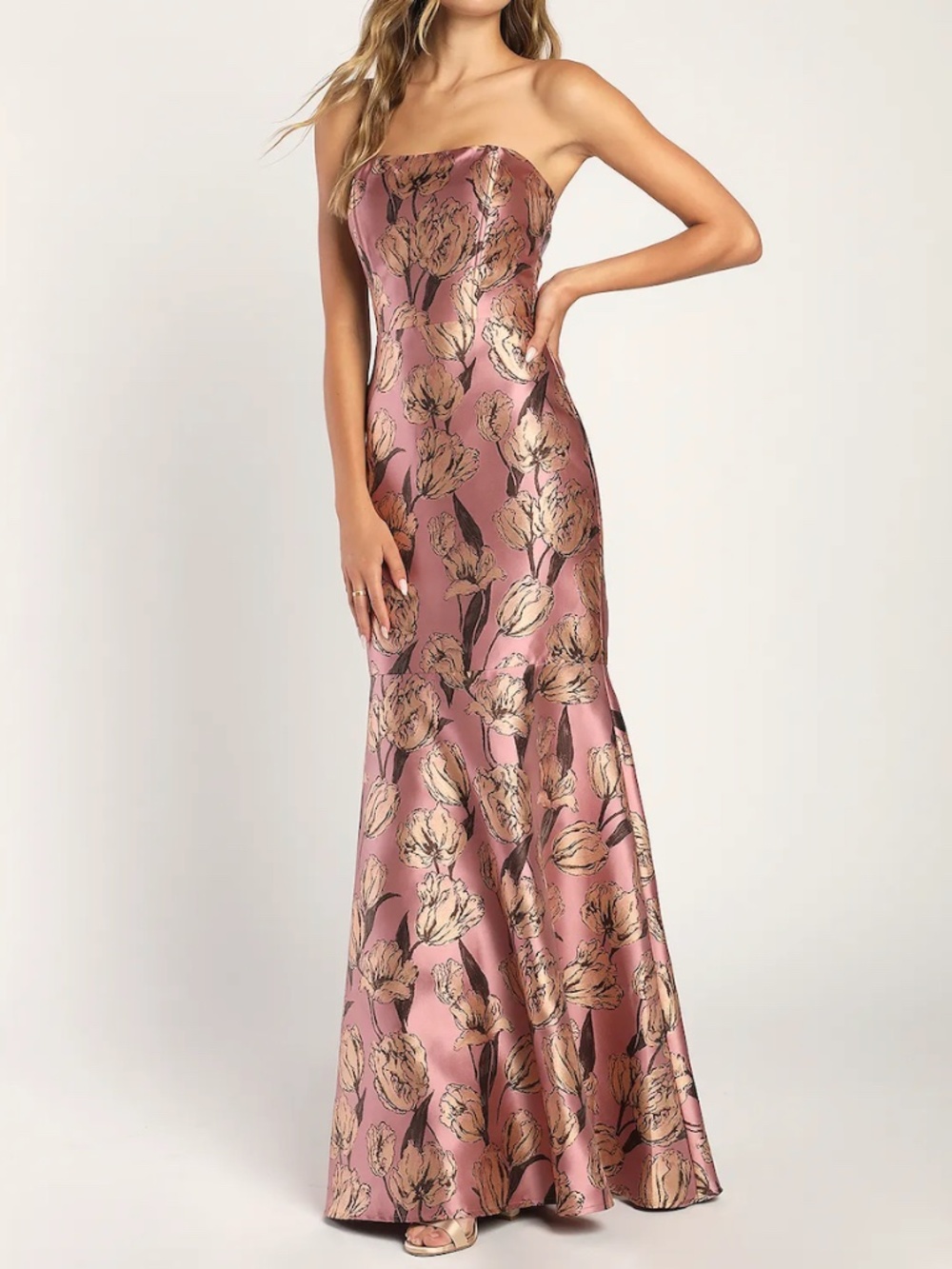 Gowning Around Mauve Floral Jacquard Strapless Maxi Dress